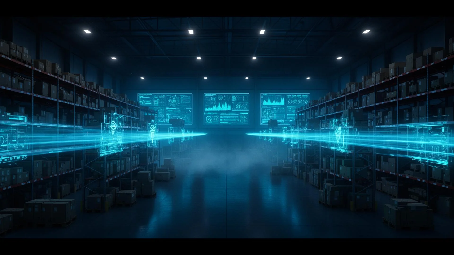 Industrial RFID-enabled warehouse with cinematic blue lighting